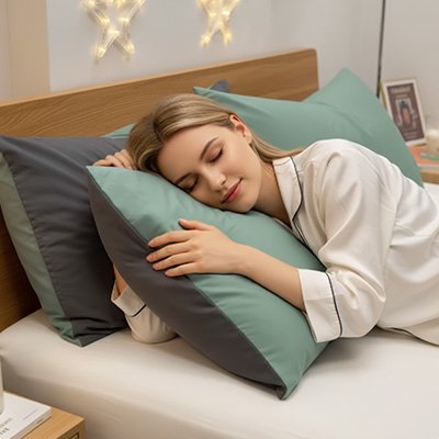 femme dort sur taie d'oreiller vert et gris
