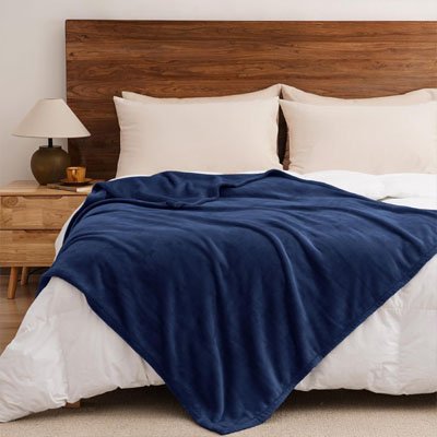 couverture polaire bleu foncé sur lit