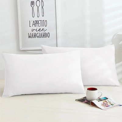 deux taies d oreillers blanc sur lit
