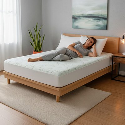 femme allonge housse de matelas bambou