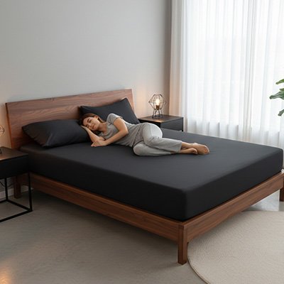 femme allonge sur housse de matelas noir