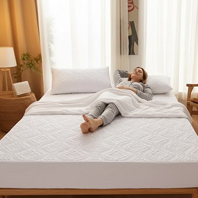 femme allonge sur protege matelas blanc