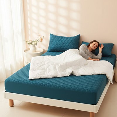 femme allonge sur protege matelas vert