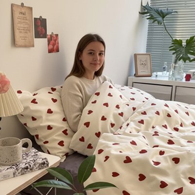 femme assise sur lit avec housse de couette