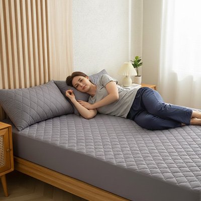 femme couche sur protege matelas gris