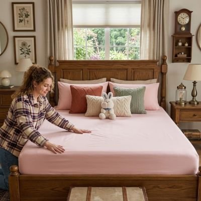 femme etend drap housse rose clair