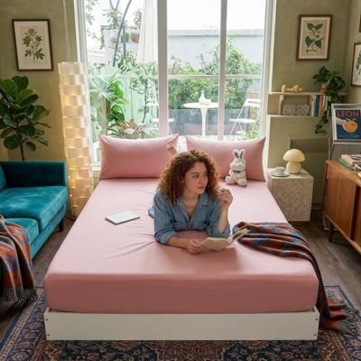 femme etendue sur drap housse rose