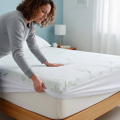 femme installe housse de matelas bambou