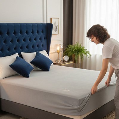 femme installe housse de matelas