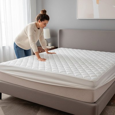 femme installe protege matelas blanc sur matelas 