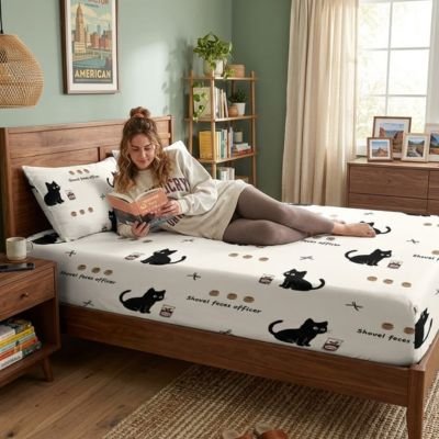 femme lit allonge sur drap housse felin