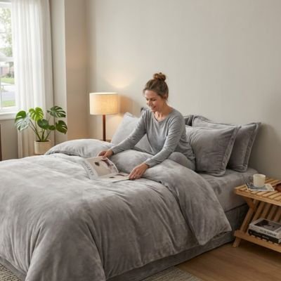 femme lit assis sous housse de couette flanelle gris clair