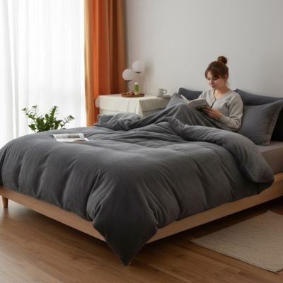 femme lit assis sous housse de couette flanelle gris fonce