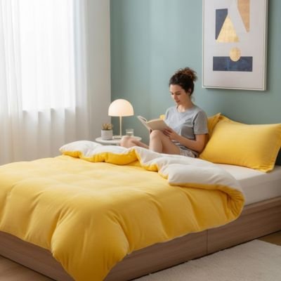 femme lit assis sous housse de couette flanelle jaune