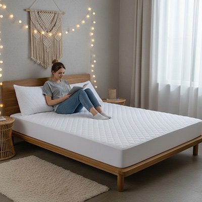 femme lit assis sur protege matelas blanc
