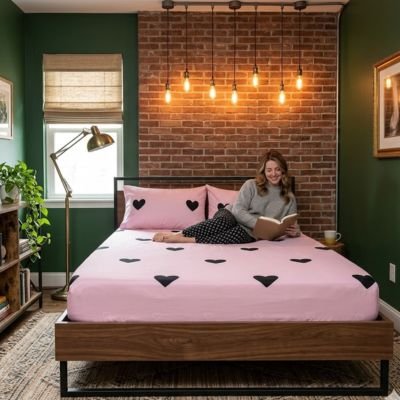 femme lit etendue drap housse coeur