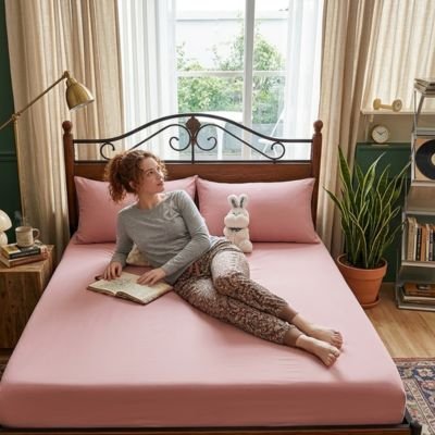femme lit etendue sur drap housse rose