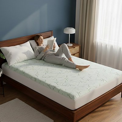 femme lit etendue sur housse de matelas bambou