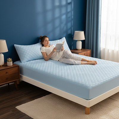 femme lit sur protege matelas bleu