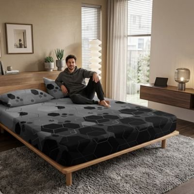 homme assis sur drap housse hexagonal