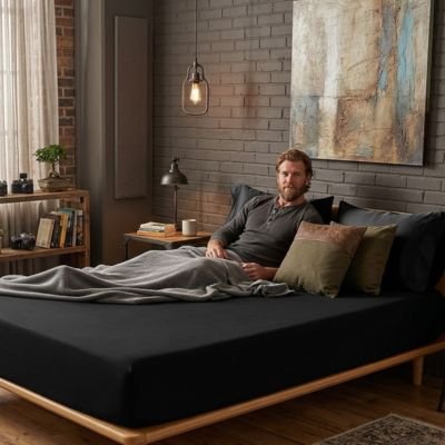 homme assis sur drap housse noir