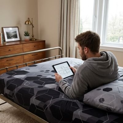 homme avec tablette assis sur drap housse hexagonal