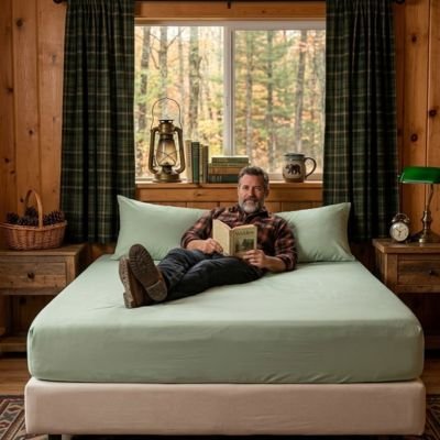 homme couche avec livre sur drap housse vert