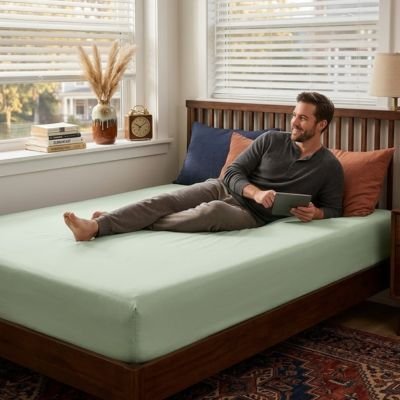 homme couche sur drap housse vert