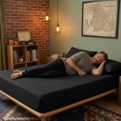 homme dort sur drap housse noir