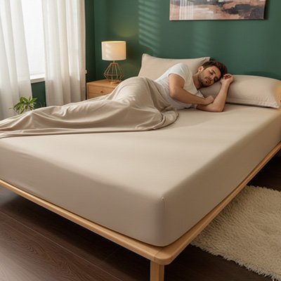 homme nedormie sur housse de matelas beige