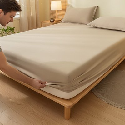 homme installe housse de matelas beige sur lit