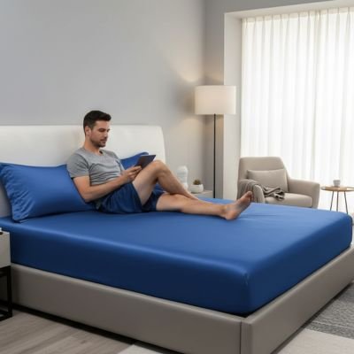 homme lit assis sur drap housse satin bleu