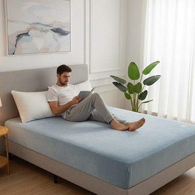 homme lit couche sur housse de matelas
