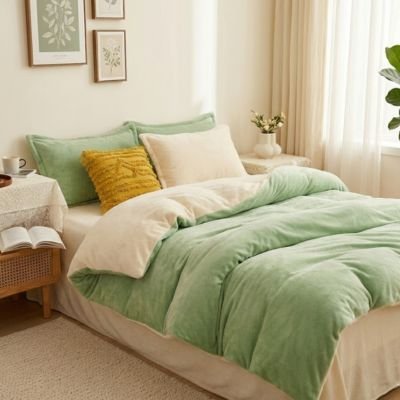 housse de couette flanelle verte sur lit