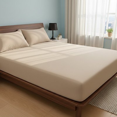 housse de matelas beige sur lit