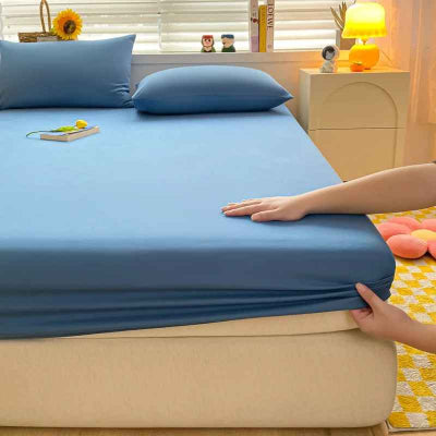 installation draps housse bleu