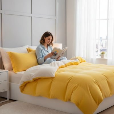 jeune femme lit assis sous housse de couette flanelle jaune
