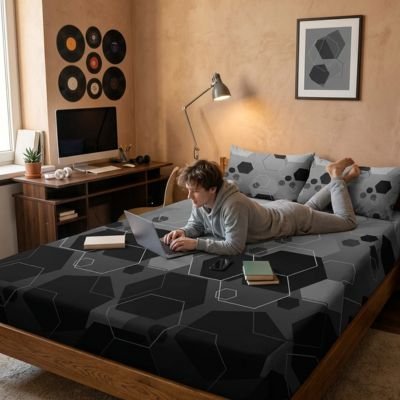 jeune homme travaille couche sur drap housse hexagonal