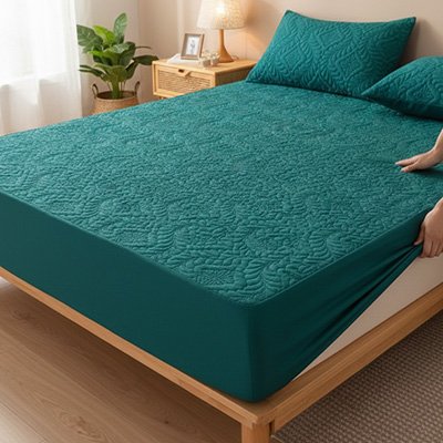personne installe protege matelas vert