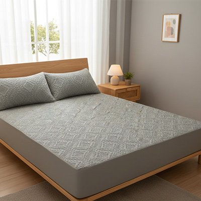protege matelas gris sur matelas lit